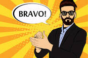 A hipster man with shades claps, saying bravo