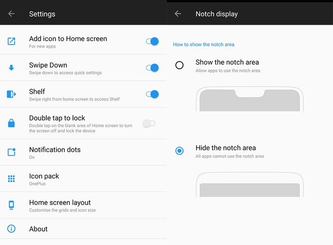 OnePlus6 Launcher Settings and Notch toggle