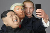 Models of Putin, Trump, and Kim taking a selfie