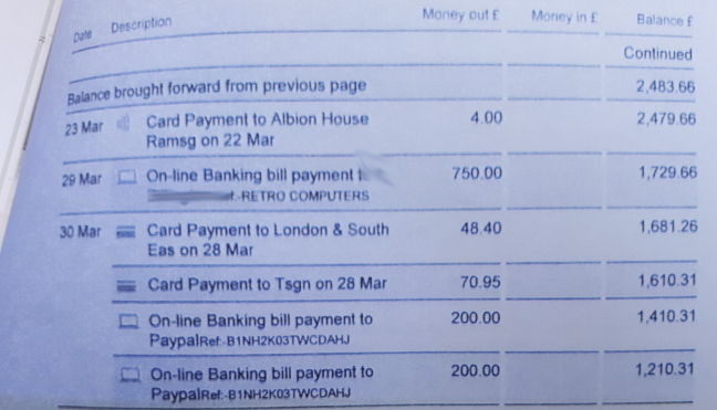 An extract from a copy of Retro Computers Ltd's bank statements, as filed at Luton County Court