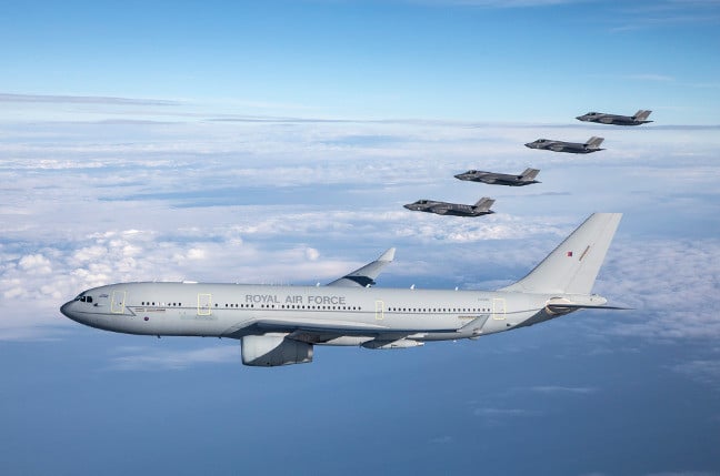 The first F-35Bs to be based in the UK pictured with an A330M Voyager. Pic: Crown copyright/MoD