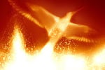 Phoenix rises from darkness, flames - illustration