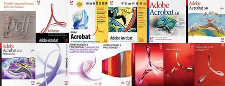 Illustration comprising all Adobe Acrobat product boxes from version 1 to DC