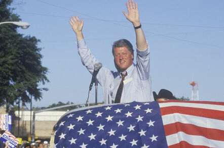 Clinton/Gore 1992 Buscapade campaign tour in Athens, Texas. Pic by Joseph Sohm/Shutterstock 