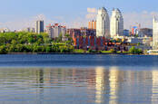 Buildings in Dnepr City seen from the Dnieper River, ukraine