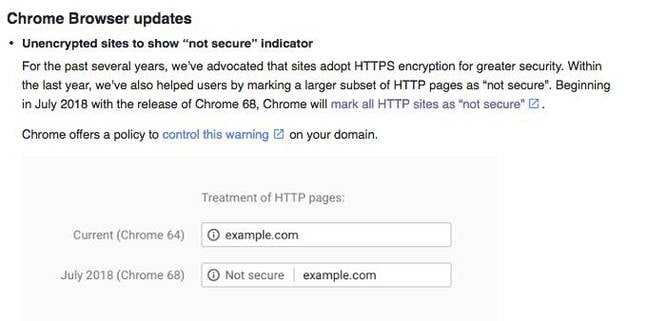 Google Chrome 68 http only site warning