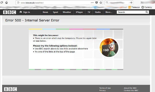 Screenshot of BBC website returning HTTP 500