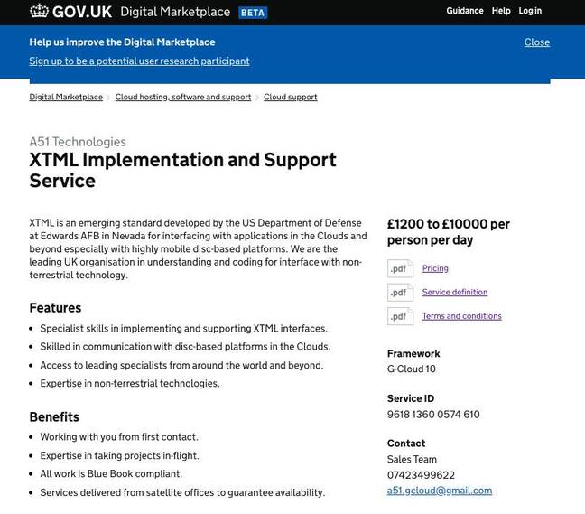 A screenshot of the XTML implementation and support service from A51 on G-Cloud