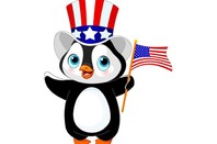 Linux penguin with American flag-themed hat and flag