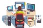 Illustration of developer writing code at desk with three monitors
