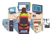 Illustration of developer writing code at desk with three monitors