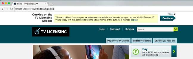 Google warning for TV Licensing website