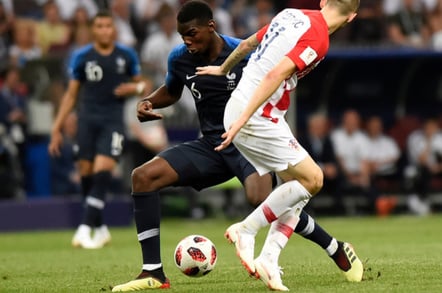 France's footballer Paul Pogba with a ball during World Cup 2018 final match France vs Croatia. Luzhniki Stadium, 15th July 2018.