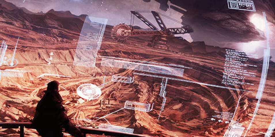 digital illustration of view of an observing showcase room look out to mining site