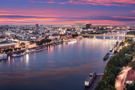 Aerial panorama of Bratislava, new bridge over Danube river with evening lights in capital city of Slovakia,Bratislava
