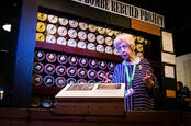 Ruth Bourne in front of reconstructed Bombe [photo credit: Charles Coultas]