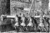 Old engraved illustration of battering rams being used on a castle