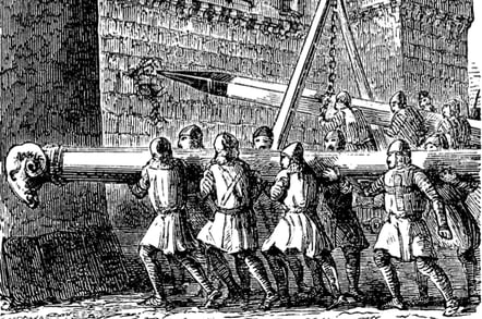 Old engraved illustration of battering rams being used on a castle