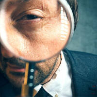 man holds magnifying glass