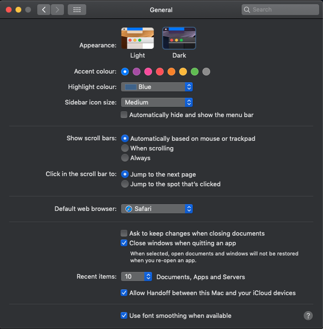Mojave - General Settings in Goth Mode Mojave - General Settings in Goth Mode