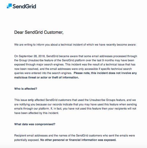 Screenshot of SendGrid breach notice