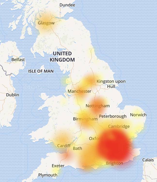 Screenshot of Virgin Media outage in UK