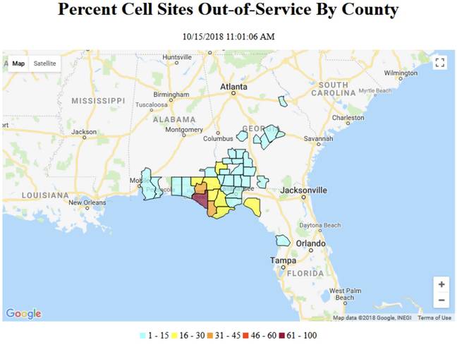FCC map of cell sites affected by Hurricane Michael