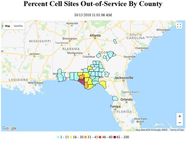 FCC map of cell sites affected by Hurricane Michael