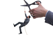 scissors cut rope as business suited guy climbs it - conceptual illustration on losing job