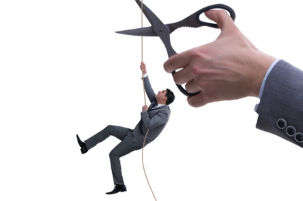 scissors cut rope as business suited guy climbs it - conceptual illustration on losing job