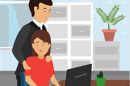 A man placing unwelcome hands on a co-worker's shoulders