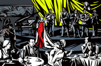 Singer and band perform in front of audience seated at restaurant tables