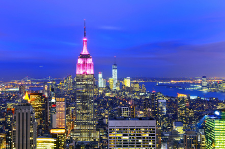 New York skyline at dusk with Empire State Building lit up