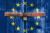 padlocked door painted with the eu flag