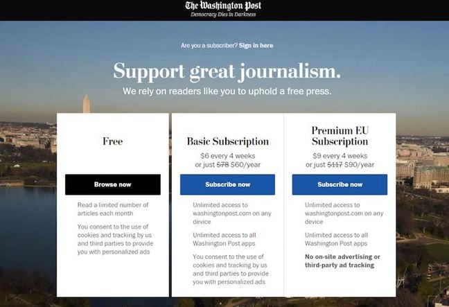 Washington Post subscription page