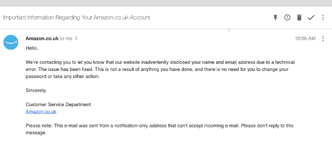 Amazon breach email, as seen by a reader