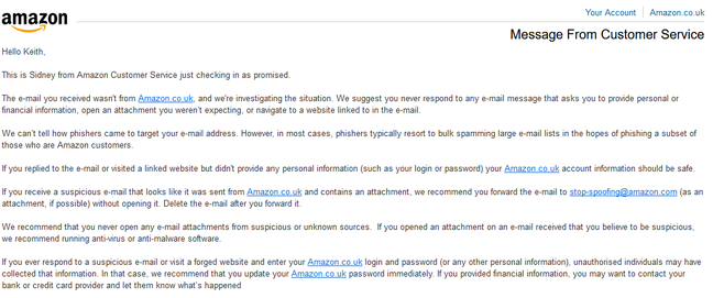 Amazon customer service thinks Amazon's own email is a phishing message
