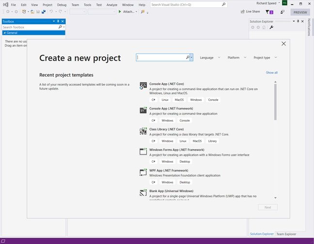 Visual Studio 2019 Create Project Window