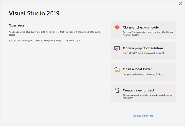 Visual Studio 2019 Start Window Visual Studio 2019 Start Window