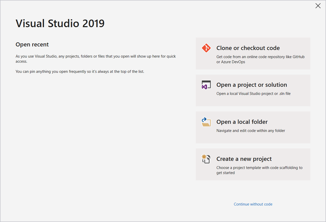 Visual Studio 2019 Start Window