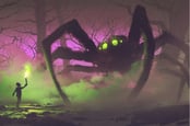 Boy with a torch facing giant spider in mysterious forest