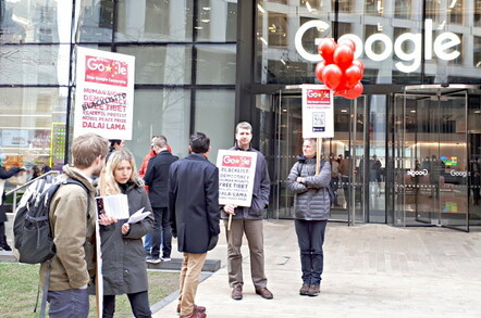 Protestors peacefully standing outside Google's London King's Cross HQ