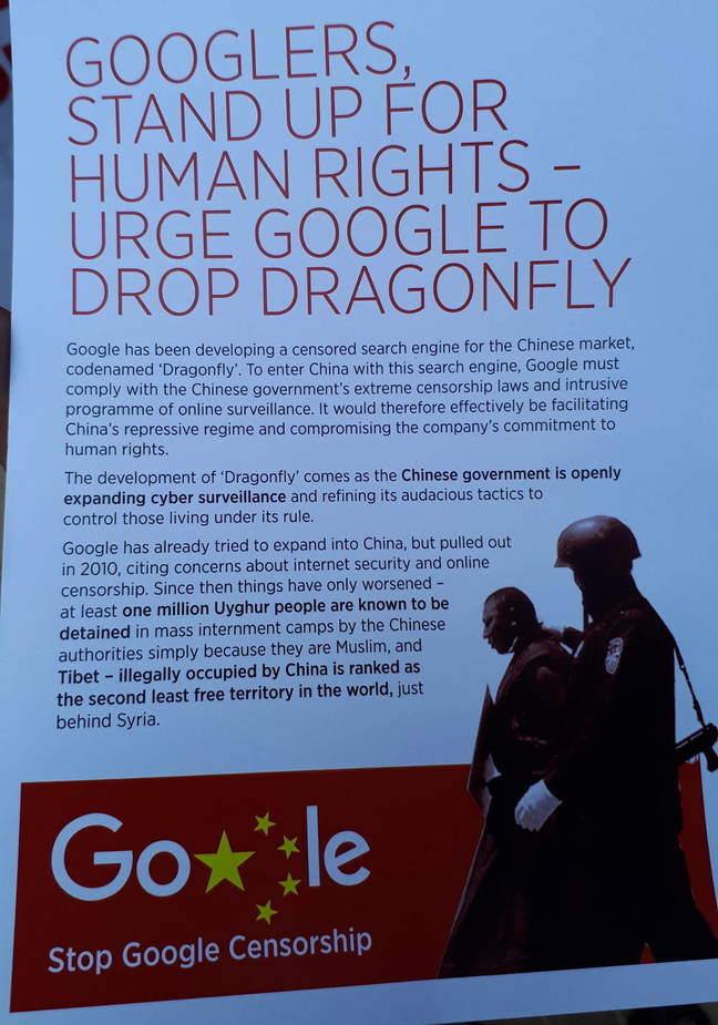 A leaflet handed out by anti-censorship protesters outside Google's London HQ