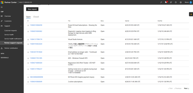 MS partner portal exposing every support request made worldwide