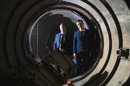 Skyrora CEO Vladimir Levykin and business development manager Daniel Smith inside the remains of the Black Arrow projectile (the UK's only rocket to successfully launch a satellite into orbit) in a storage facility in Penicuik, near Edinburgh