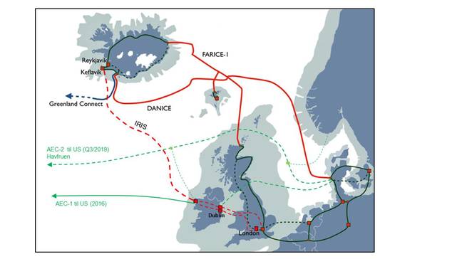 submarine comms cables iceland - map