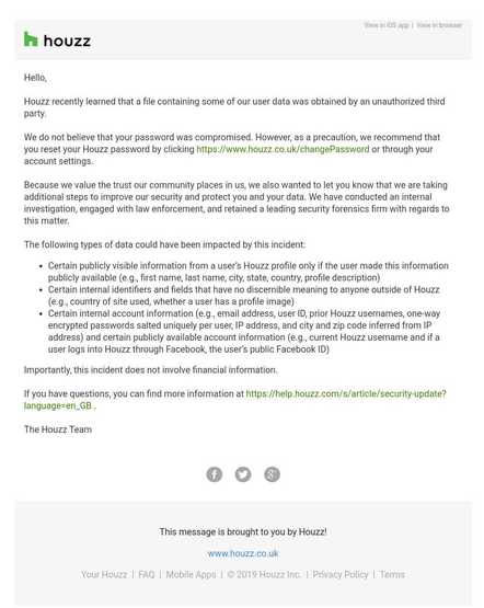 Houzz data breach email screenshot