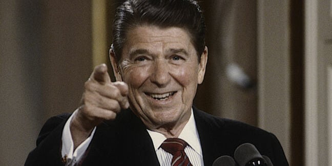 Washington DC. USA, 22nd May, 1984 President Ronald Reagan during his news conference President Ronald Reagan points to reporter who gets the next question. - Image