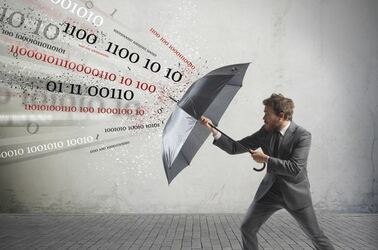 Man with umbrella shielding himself from binary digits