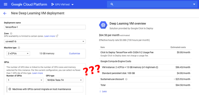 Screenshot of an allegedly free Tesla T4 GPU instance on GCP